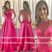 Великолепные бисерные платья для выпускного со стразами ярко-розовое атласное прозрачное ТРАПЕЦИЕВИДНОЕ официальное длинное вечернее платье знаменитостей