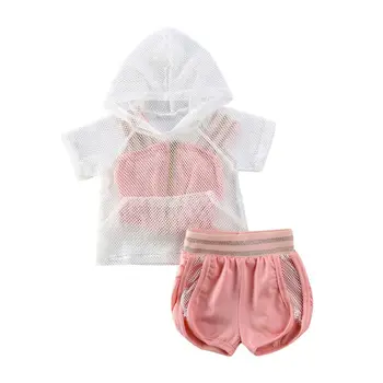 

6M-5Y Summer Kids Baby Girls Mesh Hoodies Strap Camis Shorts 3PCS Outfits Toddler Newborn Sports Tracksuit