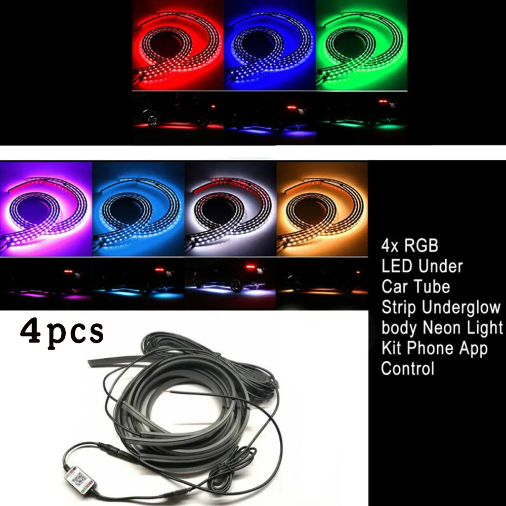 RGB светодиодный светильник под автомобильную трубу, неоновый светильник, управление с помощью приложения для телефона 60 см и 90 см