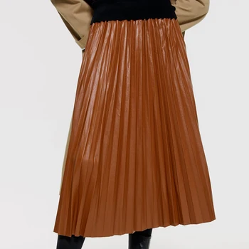

2019 Autumn and Winter Women's Skirt ZA New Imitation Leather Pleated British Wind Long Paragraph Wild Trend Skirt