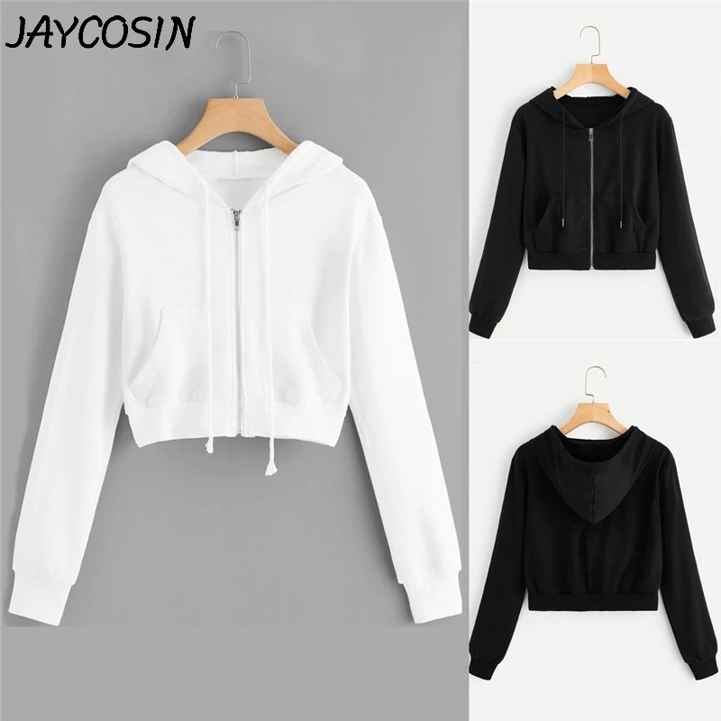 

JAYCOSIN Autumn Winter Womens Sweatshirt Casual Solid Long Sleeve Zipper Pocket Short Hooded Sweatshirt Pullover Tops jy29