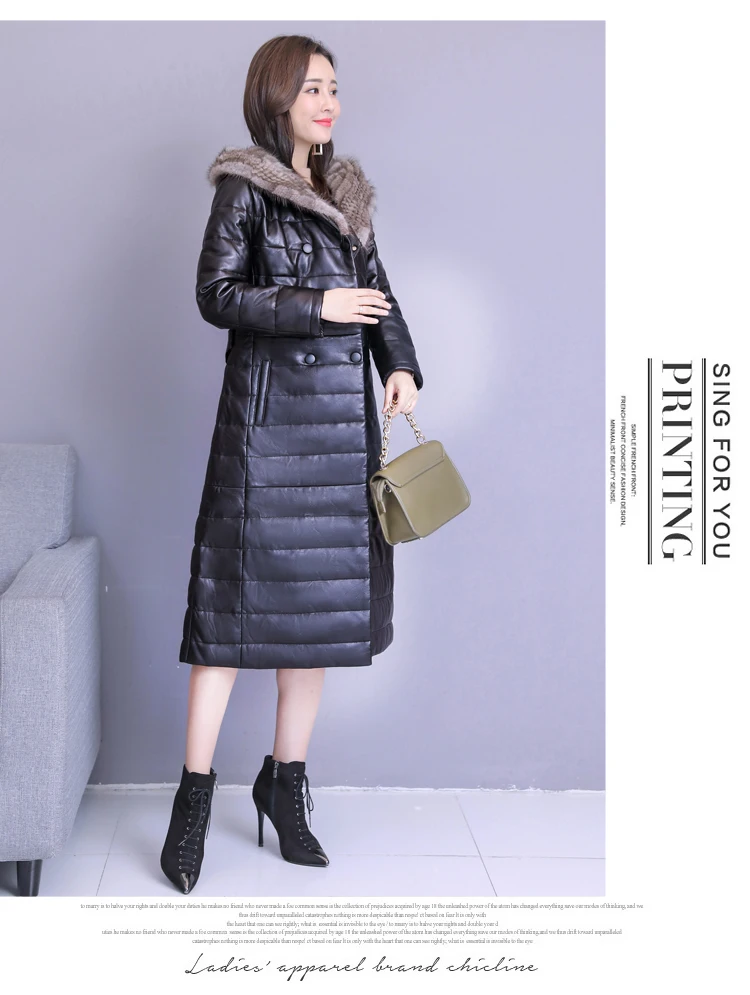 Mink Fur Collar Sheep Leather Down Jacket Women Fashion Hooded Long New Leather Jacket Female Waist Slim Plus Size Coat 71