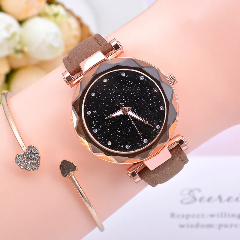 Женские часы, звездное небо, женские часы, роскошные, розовое золото, женские часы-браслет, Женские кварцевые наручные часы, reloj mujer relogio feminino - Цвет: Brown Color