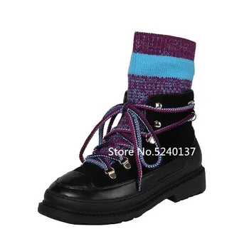 

Autumn/Winter Warm Snow Boots Knitting Patchwork Women Mid-calf Boots Round Toe Cross-tied Thick Bottom European Design Shoes