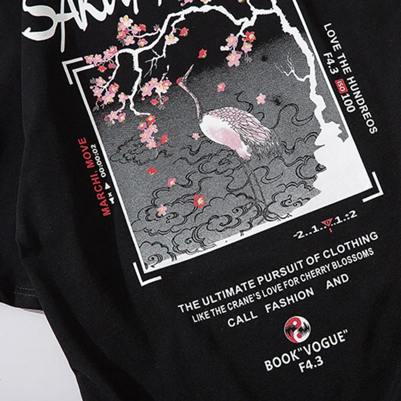 Футболка мужская хип-хоп Японская уличная одежда Harajuku Sakura Crane футболка с коротким рукавом Хлопок Япония уличная одежда футболка мода