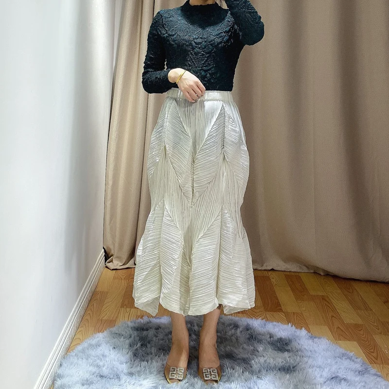 Miyake/весенне-летняя плиссированная юбка с эластичной резинкой на талии, однотонная воздушная юбка средней длины с цветочным принтом
