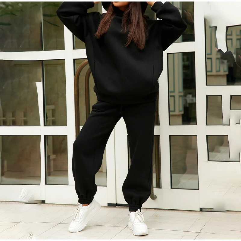 Two Piece Set Casual Fleece Tracksuit Women Winter 2021 Women's Sets Oversized Hooded Long Sleeve Hoodie Sport Pants Lady Suit