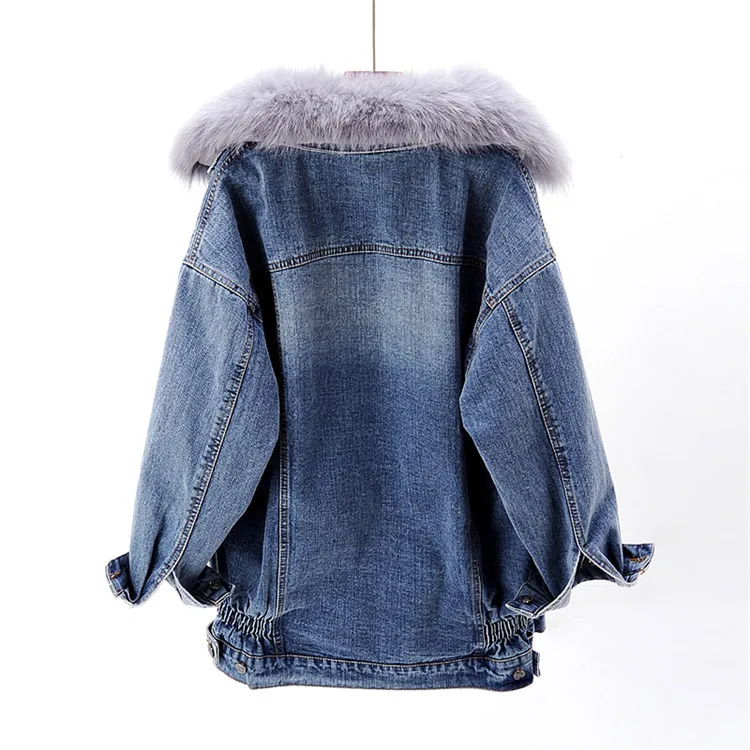Vintage Winter Denim Jacket Women Korean New Removable Rabbit fur liner Fox Fur Collar Jean Coat Loose Thick Warm Jeans Jacket