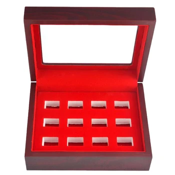 

Sports Fan Ring Collection Natural Wooden 12 Ring Hole Jewelry Box for Championship Ring Storage Showcase with Glass Lid
