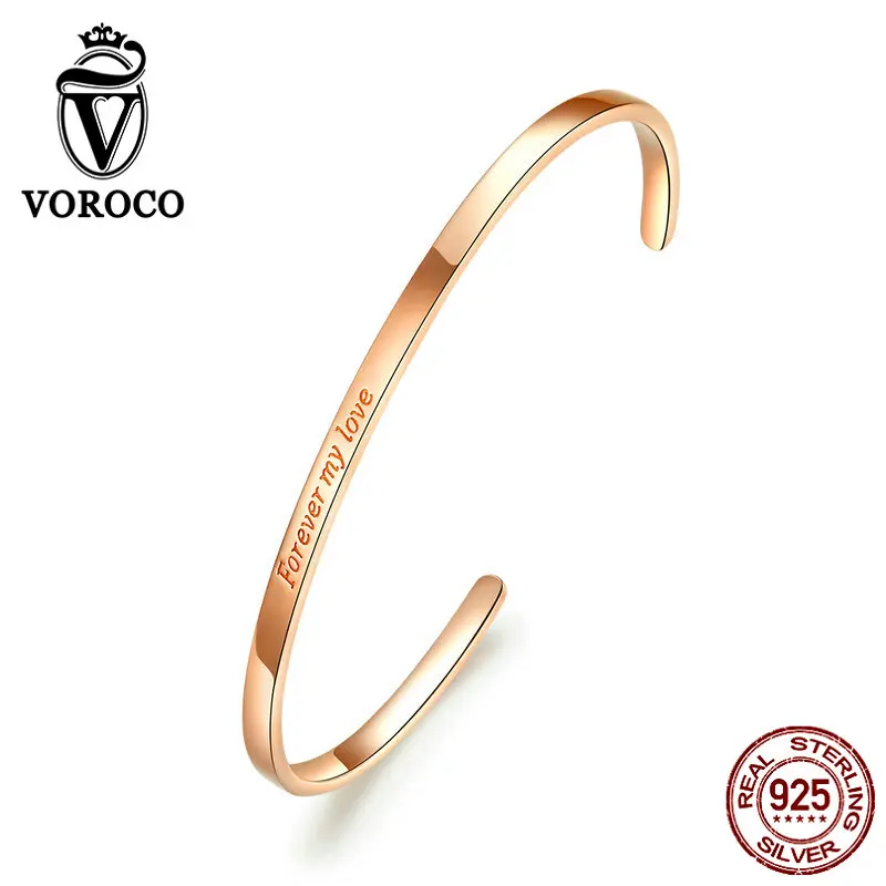 VOROCO BNB034 925 Sterling Silver Rose Golden Forever Love Adjustable Bracelet Women Anniversary Gift High Quality Fine Jewelry
