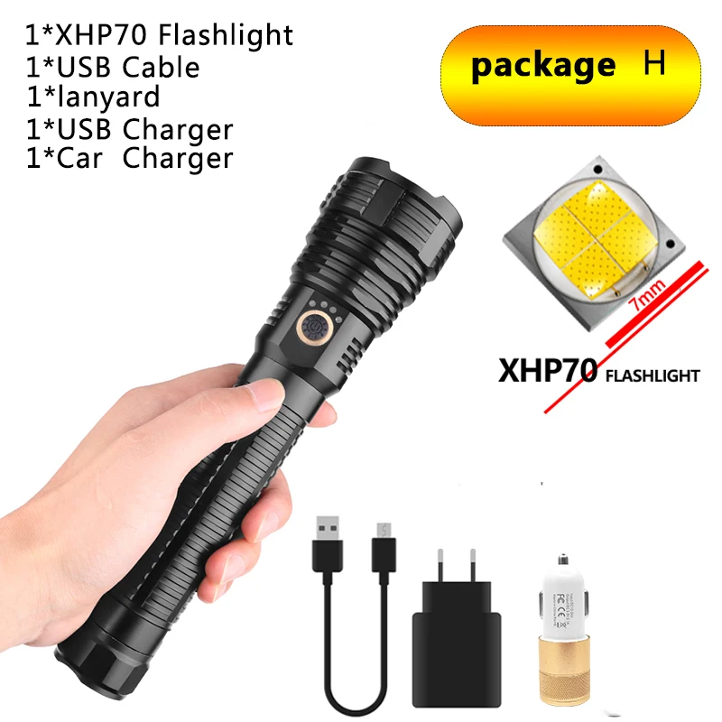 Package H Супер яркий светодиодный светильник-вспышка, фонарь с зумом XHP70, Тактический водонепроницаемый светильник, лучший для рыбалки, охоты, светильник с батареей 18650 26650 - Испускаемый цвет: Package H