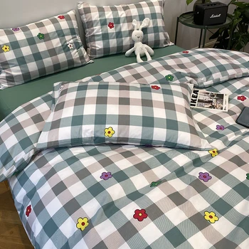 

Bedding Set Ins Small Fresh Intellectual Temperament Lady Style Pastoral Four-piece Lattice Matcha Green Quilt Cover Sheet