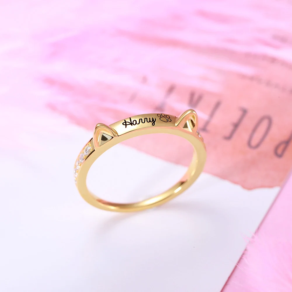 Strollgirl Новое персонализированное кольцо из стерлингового серебра 925 пробы на заказ с кошачьими ушками и гравировкой имени кошки Лучший подарок