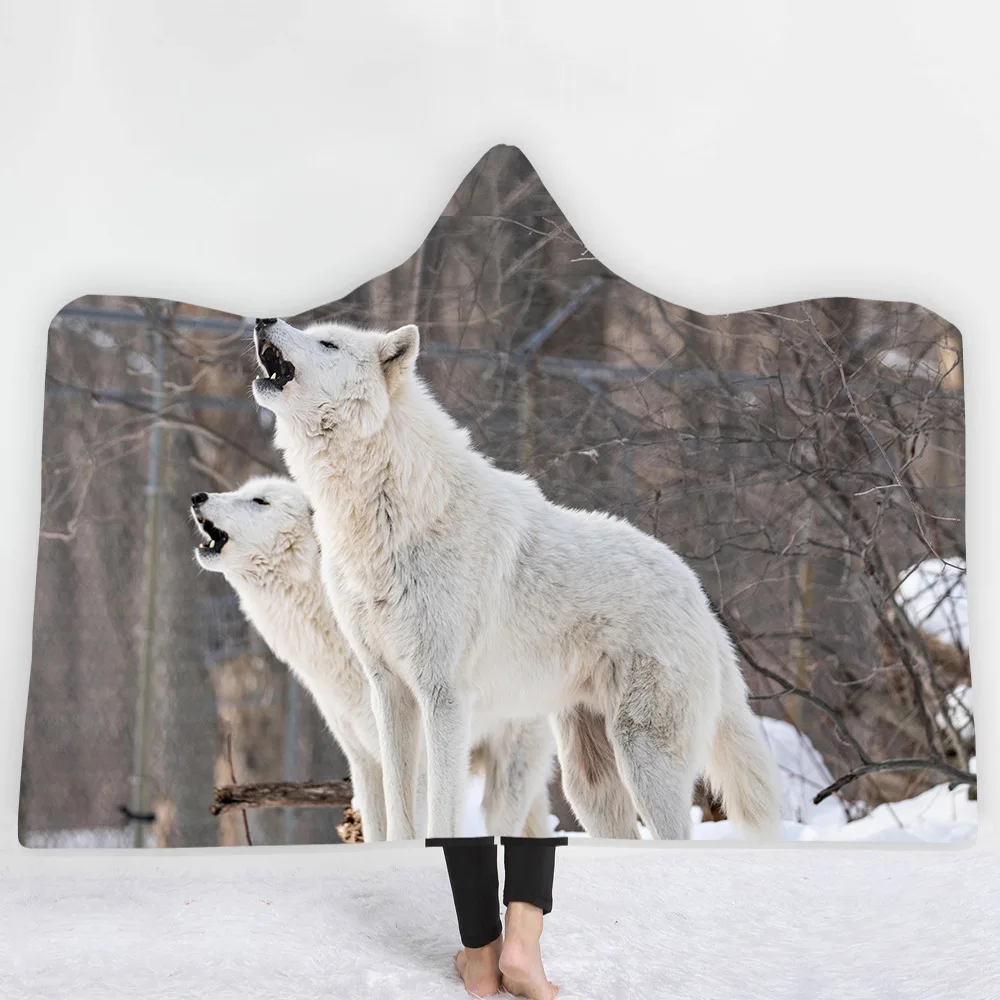 Moon Wolf/одеяло с капюшоном для мужчин, детское утепленное Двухслойное плюшевое одеяло с шапкой, мягкий фланелевый плед с изображением Льва шерпы
