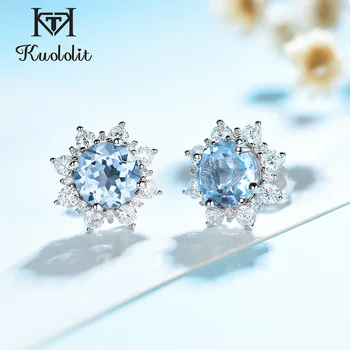 

Kuololit 4.7ct Natural Round Sky Blue Topaz Gemstones Stud Earrings For Women Female Genuine 925 Sterling Silver Luxury Jewelry