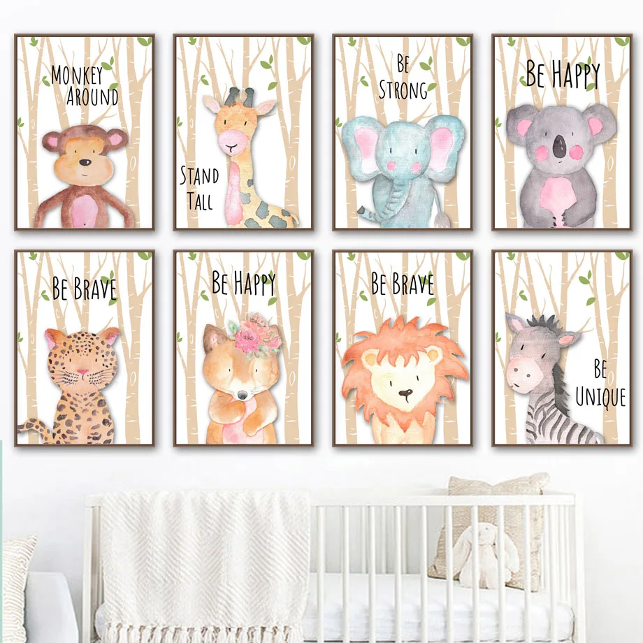 

Cartoon Lion Zebra Bear Fox Elephant Forest Nordic Posters And Prints Wall Art Canvas Painting Wall Pictures Kids Room Decor