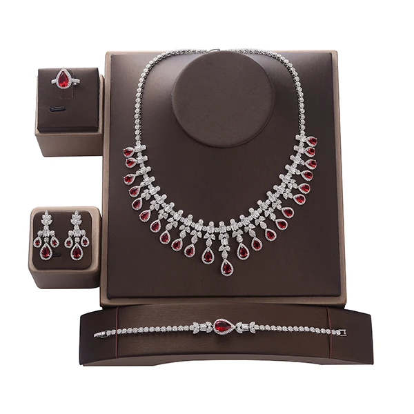white gold red Набор украшений HADIYANA, винтажный, великолепный, циркониевый, женский, Свадебный, ожерелье, серьги, кольцо и браслет, набор CNY0074 Sieraden - Окраска металла: white gold red