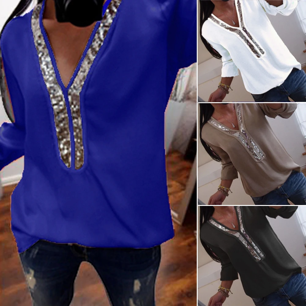 Горячая Распродажа Мода 5xl плюс Размер блёстки женский свитер сексуальная свободная блузка, женские рубашки с длинным рукавом Элегантные v-образным вырезом повседневные блузки