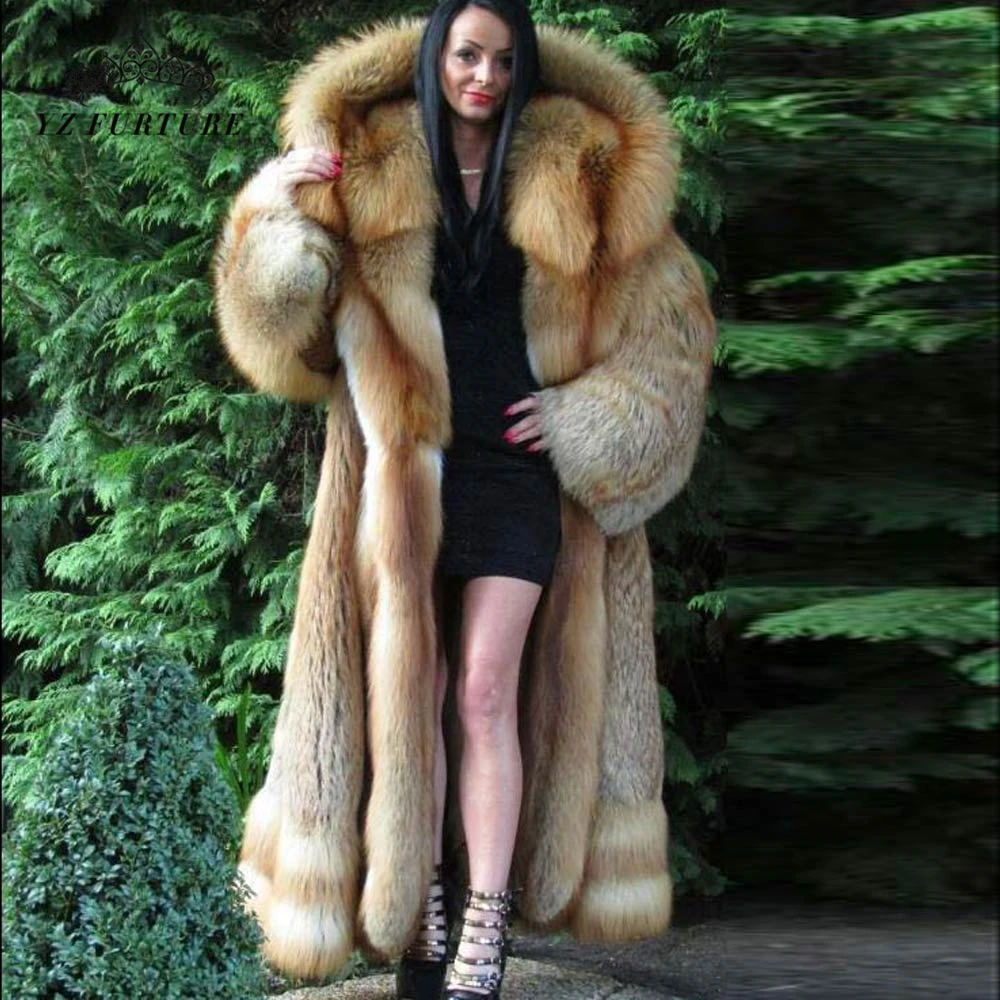 120cm coat length Новое Женское пальто из натурального меха лисы с большим воротником с капюшоном длиной 120 см, Женская куртка из натурального Лисьего меха, зимнее пальто с натуральным лисьим мехом - Цвет: 120cm coat length