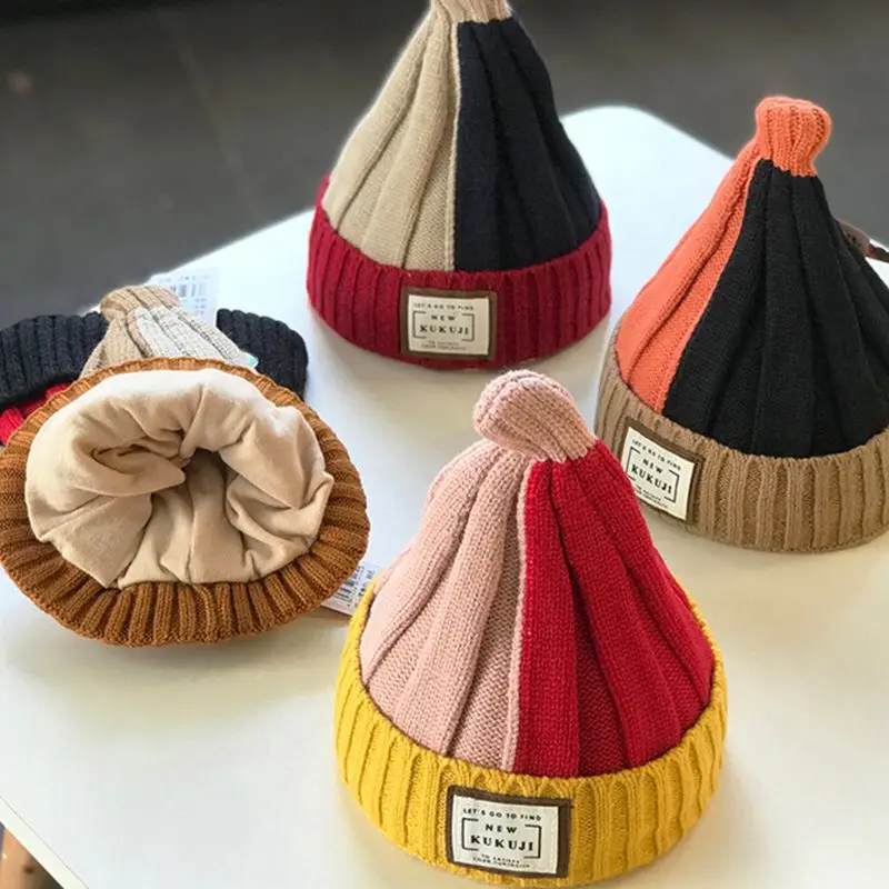 

Cute Kids Baby Winter Warm Hats Fashion Wild Children Knit Hat Crimping Color Matching Beanie Cap Unisex