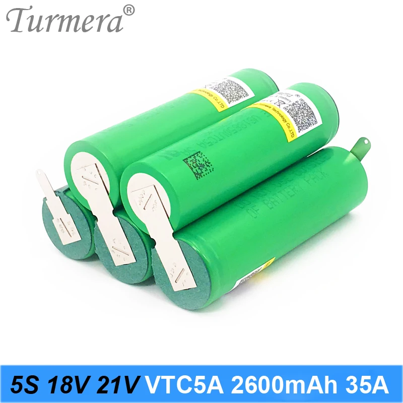 Turmera Батарея 5S 18v 21v us18650vtc5a 2600 мАч 35a Батарея для отвертка Батарея и пылесос по индивидуальному заказу для пайки