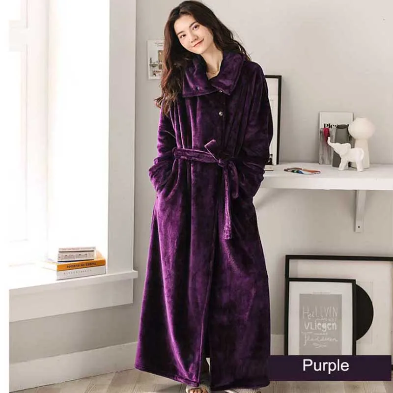 purple Водолазка, ночной халат, зимний коралловый флисовый женский халат, больше размера, фланелевая ночная рубашка с поясом, женская утепленная Пижама - Цвет: purple