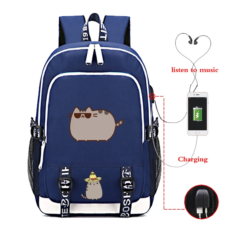 006 Забавный Pusheen напечатанный usb зарядный наушник отверстие рюкзак для учеников, мальчиков и девочек Плечи сумка путешествия повседневные Рюкзаки - Цвет: 006