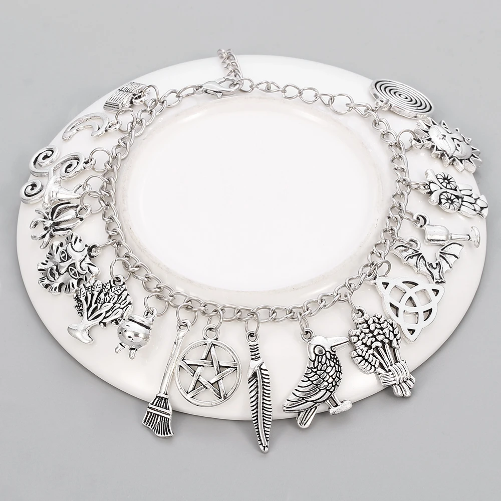 Charm Bracelet Plated Silver color sun moon staranimals wild natural Witch Wicca Acorn Greenman Various Jewelry gift