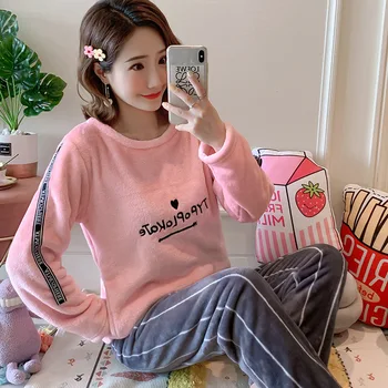 

2 Piece Pajama Set Flannel Sleepwear for Women Pink Velvet Negligee Plus Size Pyjamas Plants Winter Pijamas Lingerie Nightwear