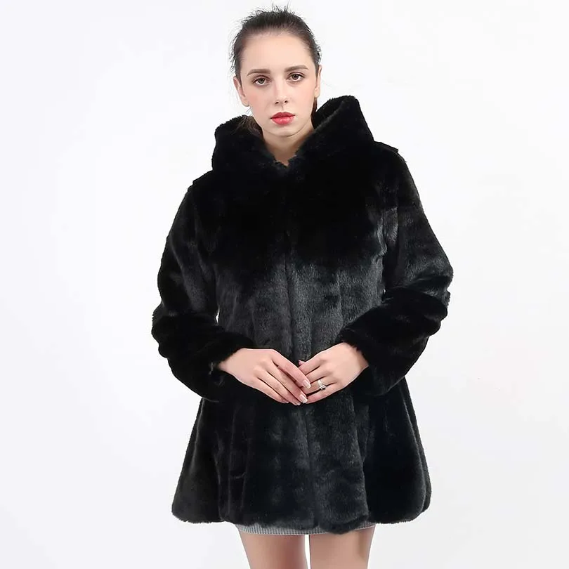 black Плотное теплое пальто из искусственного меха пальто черного цвета из искусственного меха с капюшоном пальто Manteau Fourrure Femme черный, белый цвет холодной пальто больших Размеры 4XL - Цвет: black