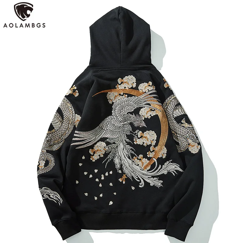 Aolamegs Men's Fleece Hoodies Japanese Hooded Sweatshirt Dragon Phoenix Embroidery Autumn Retro Casual Pullover High Street Tops Aolamegs Men's Fleece Hoodies Japanese Hooded Sweatshirt Dragon Phoenix Embroidery Autumn Retro Casual Pullover High Street Tops