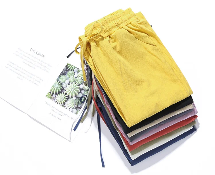 Elástico na Cintura Mulher Verão Harem Calças Vintage Cores Doces Algodão Linho Perna Larga Sólido Tornozelo-comprimento Capris 6 na cintura tornozelo-comprimento capris