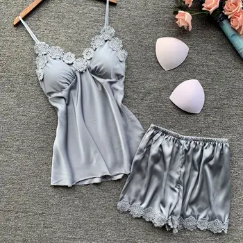 

Strap Top&Shorts 2PCS Sleep Set Satin Sexy Lace Nightwear Pyjamas Intimate Lingerie Silky Pajamas Suit Home Clothes Bathrobe