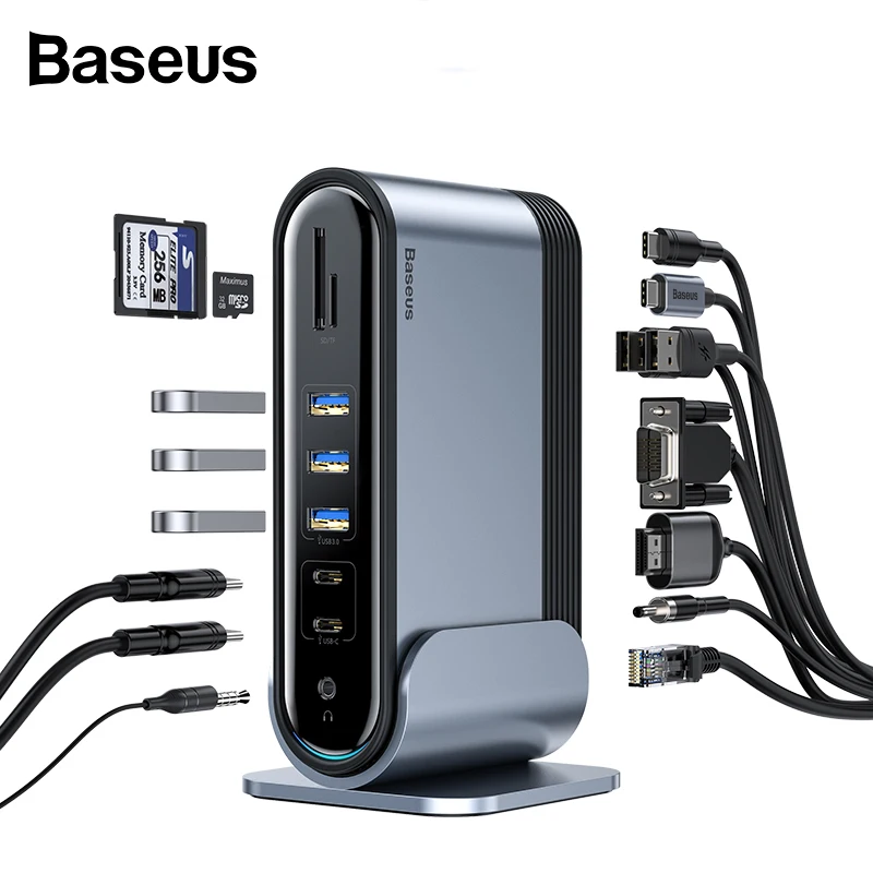 

Baseus Multifunctional USB3.0 Type-C HUB Adapter PD Quick Charging RJ45 3.5mm 4KHDMI VGA HUB EU Standard For Projector Computer
