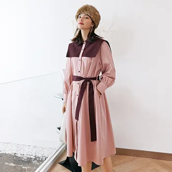 

LANMREM can ship Chalaza hit color long sleeve Dresses women 2020 spring Long style turn down collar Loose dress with belt YH908