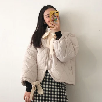 

Autumn Winter Parkas Womans Cotton Padded Coats Jackets Long Sleeve Bow Tie Zipper Warm Oversized Ladies Casual Overcoat