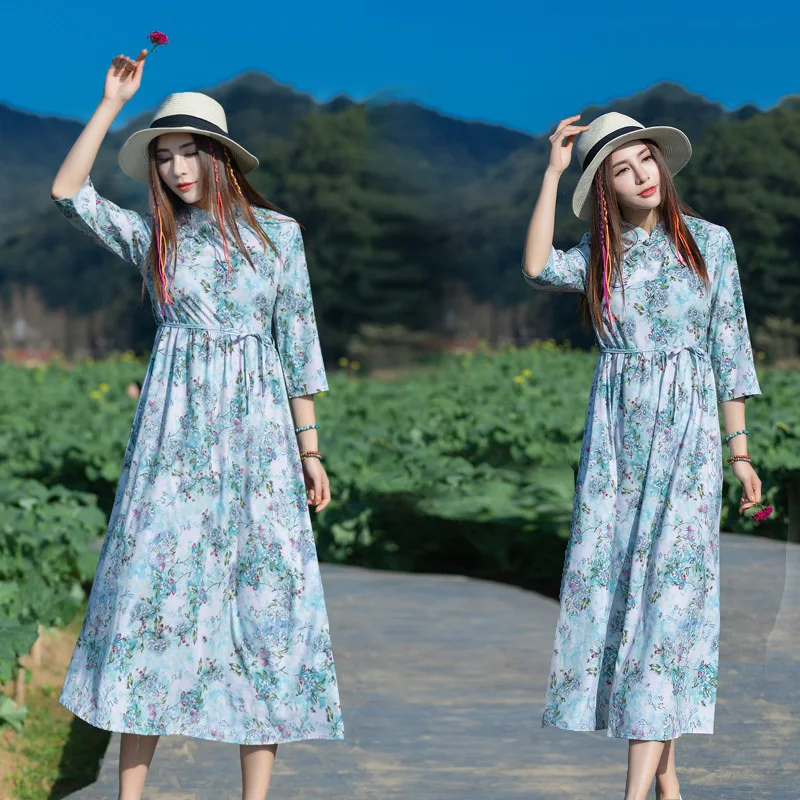 

New Style WOMEN'S Dress National Wind Embroidery Half-sleeve Shirt Stand Collar Floral-Print Viscose Dress