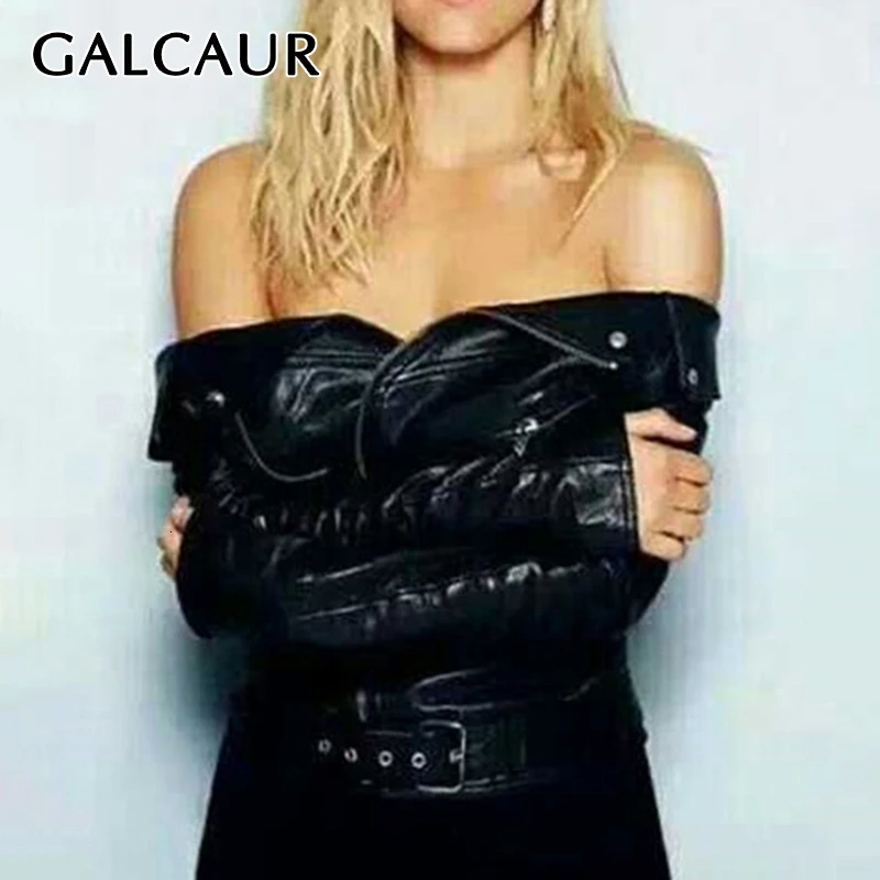GALCAUR Sexy Off Shoulder PU Leather Jacket For Women One Collar Tunic With Sashes Female Coat 2020 Autumn Fashion New Clothing | Женская