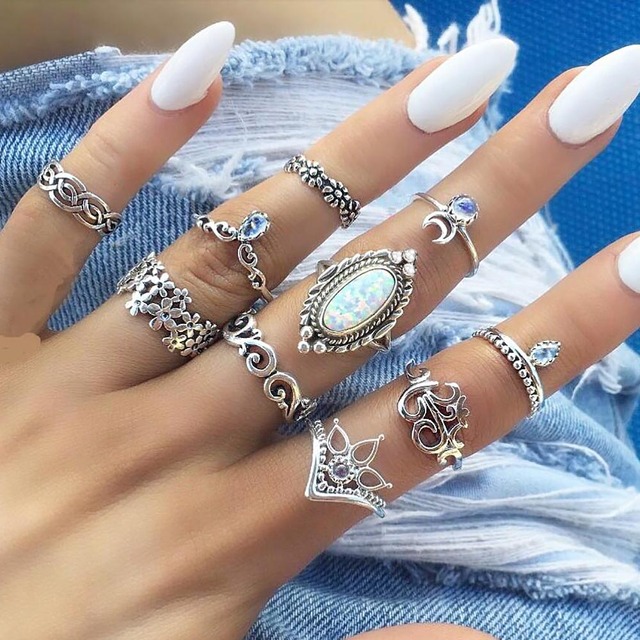 Bohemia Rose Flower Finger Rings Set For Women Crystal Geometric Knuckle Chain Ring Female Fashion Jewelry