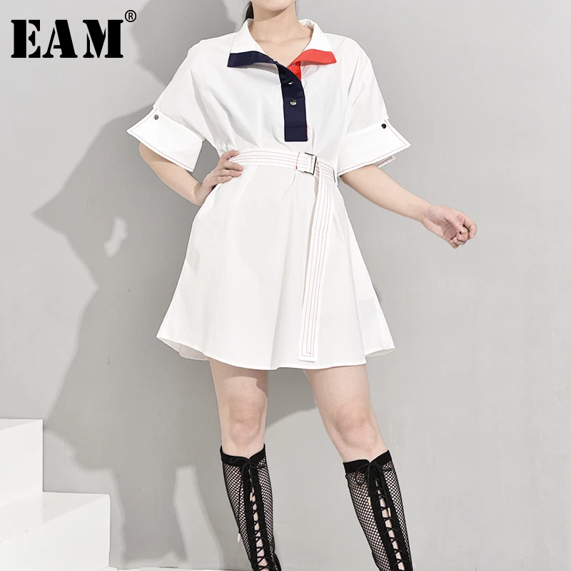 

[EAM] Women White Split Joint Big Size Shirt Dress New Lapel Half Sleeve Loose Fit Fashion Tide Spring Autumn 2019 LA7930