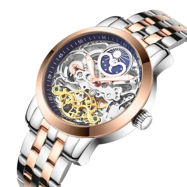 Новинка, HAIQIN, механические, Tourbillon, Moon Phase, водонепроницаемые часы, мужские, повседневные, бизнес, нержавеющая сталь, мужские часы, Reloj Hombre+ подарок - Цвет: Rose gold blue-S