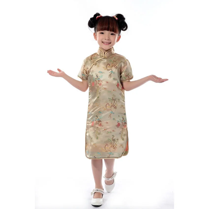 Children Girls Vintage Oriental Chinese Traditional Costumes Cheongsams Dragon Embroidery Satin Silk Dresses for Kids Girls