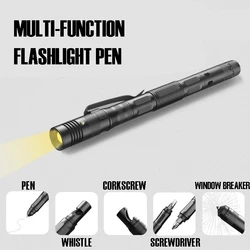 Bolígrafo táctico multifuncional con luz, linterna de autodefensa para exteriores, cono de ventana rota, silbato, abrebotellas, destornillador