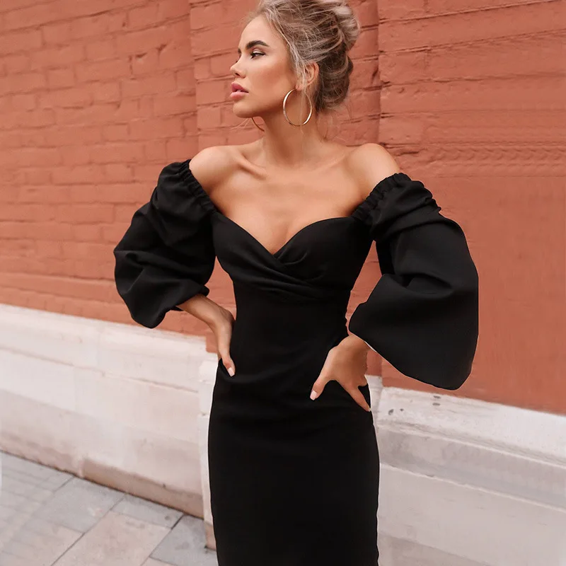 RICORIT, женское сексуальное облегающее платье, чистый v-образный вырез, с открытыми плечами, рукав-фонарик, вечерние платья, элегантное платье миди, женское черное платье