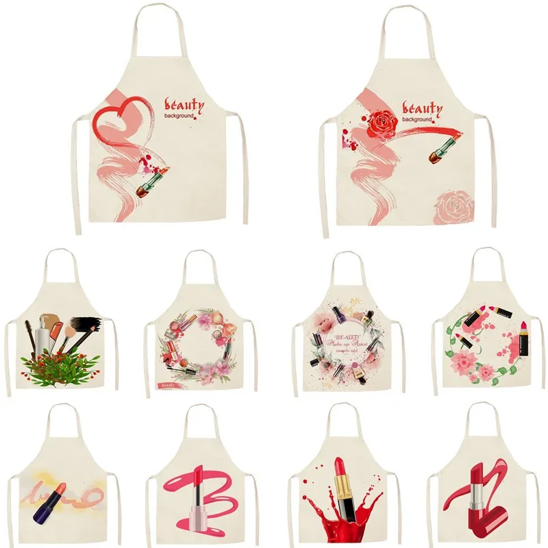 1Pcs Kitchen Apron Nail Polish women flowers Printed Sleeveless Cotton Linen Aprons for Men Women Home Cleaning Tools 55*68cm