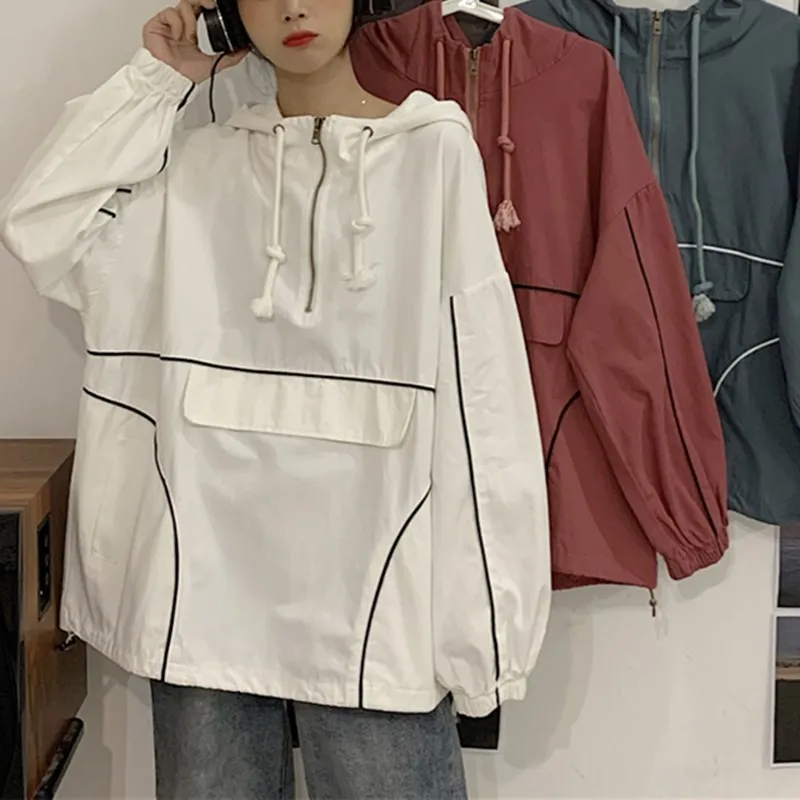 

Drawstring hooded loose mid-length pullover long-sleeved jacket women