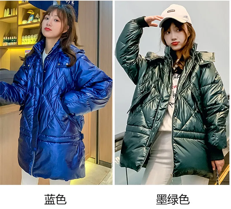 Женские зимние куртки короткое теплое пальто Harajuku хлебный Стиль Женская парка Толстая с капюшоном Глянцевая хлопковая стеганая куртка Верхняя одежда синий W1391