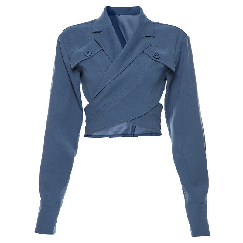 Misswim Elegant long sleeve crop top Blazer coat women Autumn buttons blazer female Cross strap fashion outwear Streetwear new