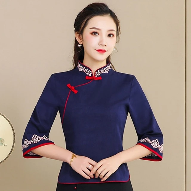 Blusas chinas mujer, Top tradicional chino bordado, camisa de estilo Cheongsam de manga 3/4, Qipao, Top étnico TA2144 - AliExpress