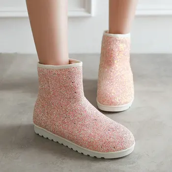 

Fur Plush Winter Snow Boots Women's Boots Comfortable Flat Ankle Boots Fashion Sequined Female Boots Shoes Big Size 43 2019